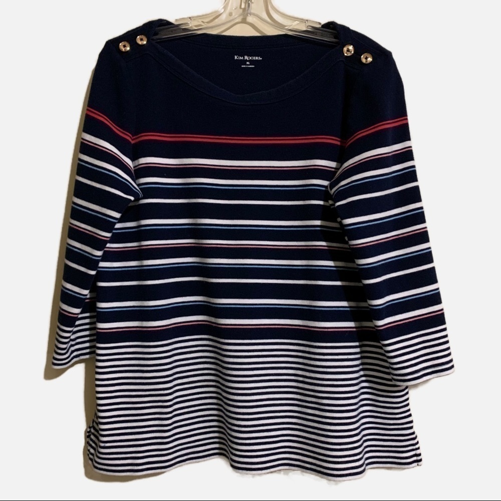 Kim Rogers Decorative Shoulder Buttons Striped Red, White, Blue Blouse. Size XL